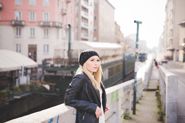 young beautiful blonde straight hair woman