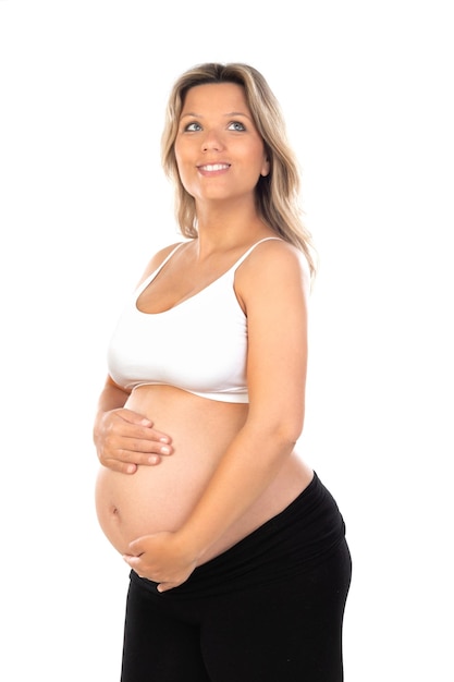 Young beautiful blonde woman pregnant expecting baby over isolated white background with a happy and cool smile on face