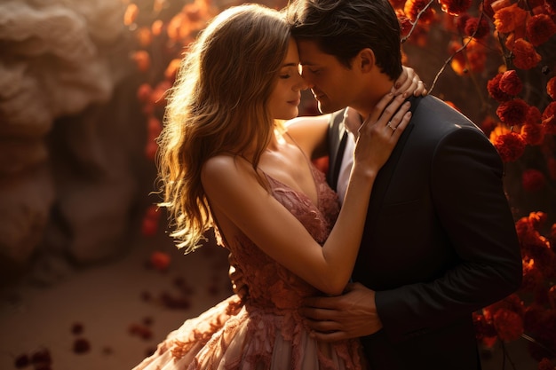 Young beautiful bride and groom in a dress stand together at a wedding Happy man and woman The theme of family happiness