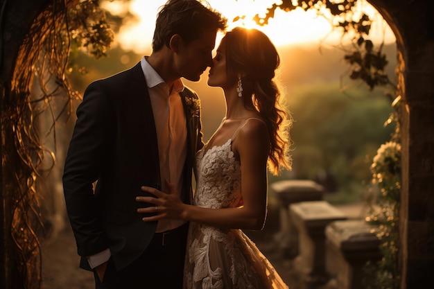 Photo young beautiful bride and groom in a dress stand together at a wedding happy man and woman the theme of family happiness