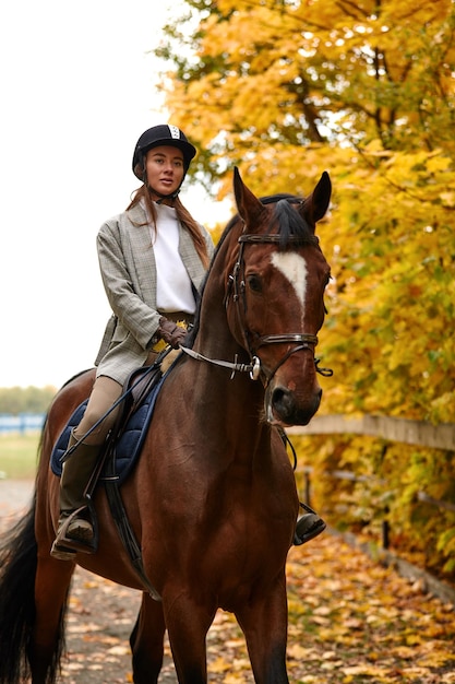 Young beautiful brunette girl rides a horse on a warm and sunny autumn day Portrait of a pretty young woman on the horse wearing tall boots and gloves