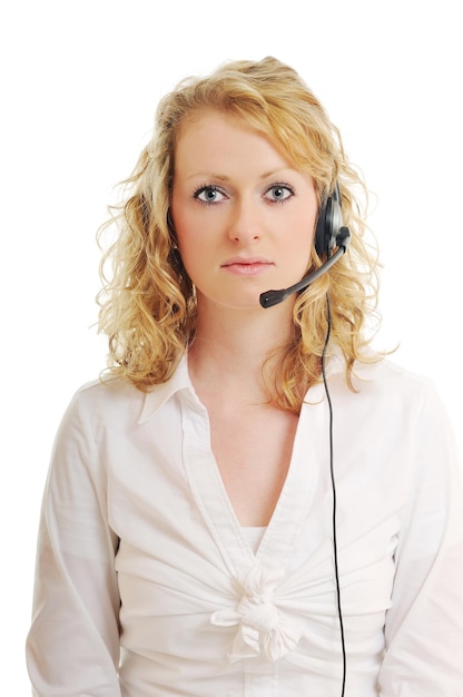 young beautiful business woman with headset phone customer solution info service