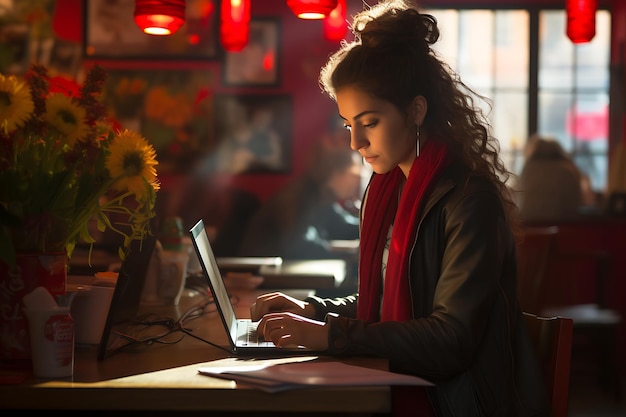 Young beautiful business woman working on computer in a cafe