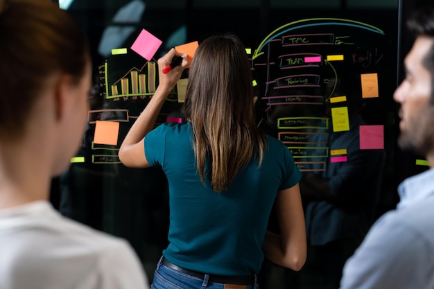 Young beautiful businesswoman writing marketing idea on glass wall Tracery