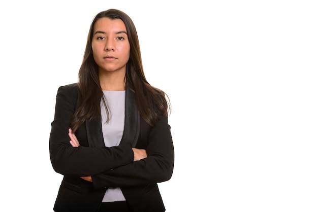 Young beautiful Caucasian businesswoman with arms crossed isolated on white