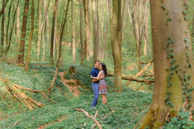 Young beautiful couple in love in the forest. A couple is hugging near a ravine among the trees. Free space.