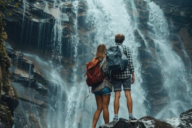 Photo young beautiful couple posing on the waterfalltravelershikersbackpacks