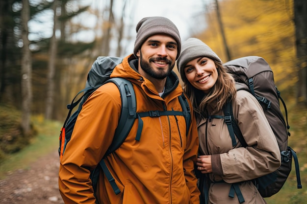 Young beautiful couple with hiking backpacks go trekking