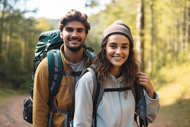 Young beautiful couple with hiking backpacks go trekking