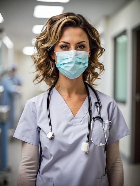 Young beautiful Female doctor in hospital wearing mask with medical equipment