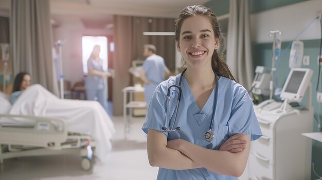 Photo young beautiful female nurse with cross arms looking at camera