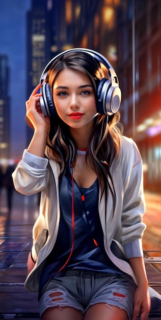 A young beautiful girl in headphones listens to music Walking around the city