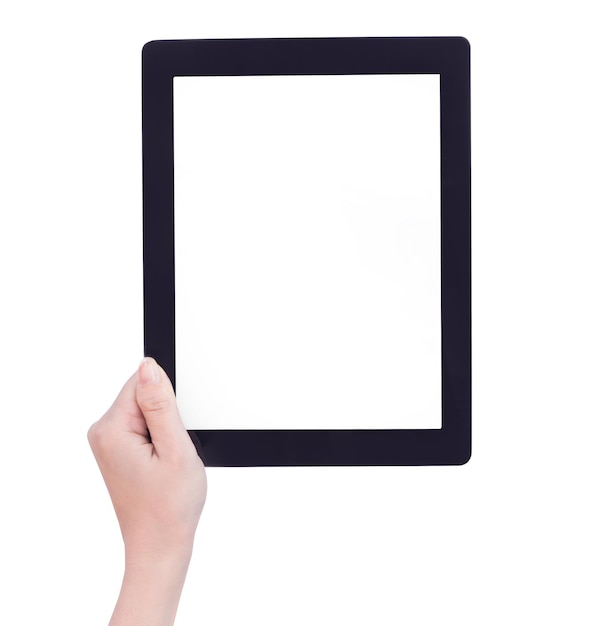 Young beautiful girl holding a black tablet pc template with white screen isolated on white background close up mock up clipping path cut out