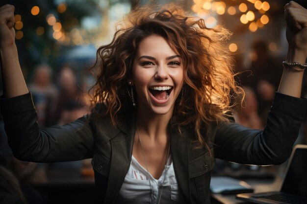 A young beautiful girl laughs and cheerfully rejoices at her victory Theme of success successful deal hiring