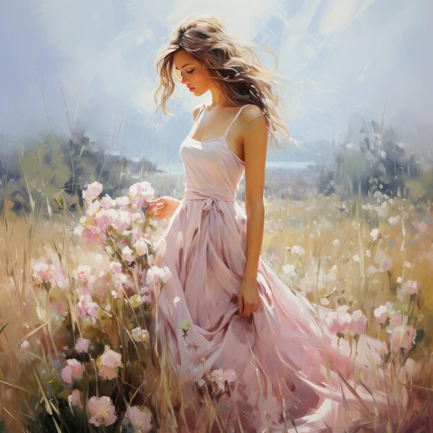 Young beautiful girl in a long pink dress in a field of flowers