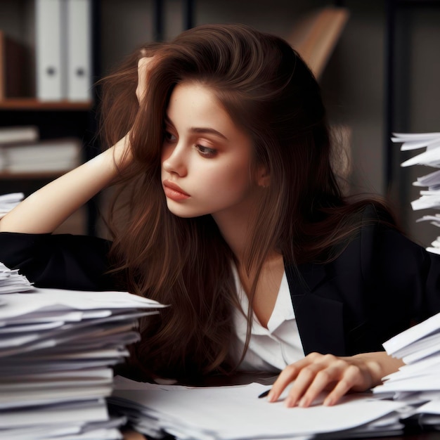 A young beautiful girl in the office buried with papers and books bureaucracy and learning ai