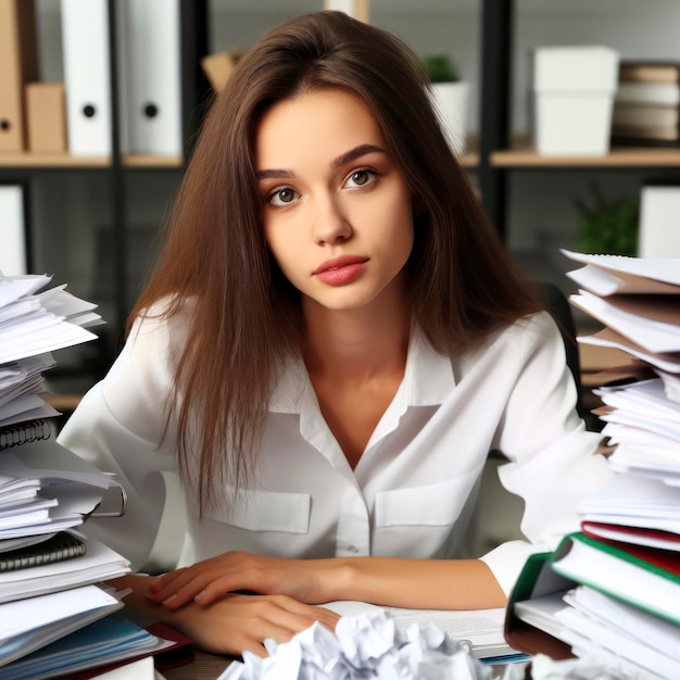 A young beautiful girl in the office buried with papers and books bureaucracy and learning ai