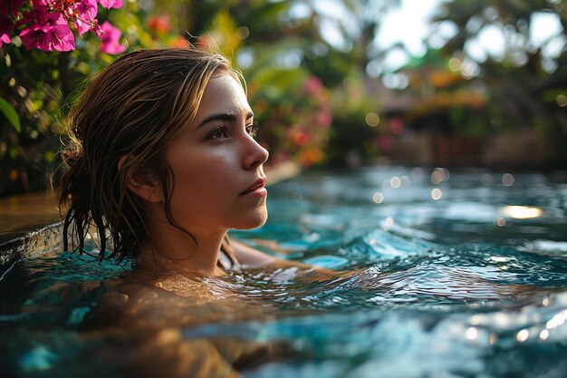 Young beautiful girl resting and relaxing by the pool in the tropics