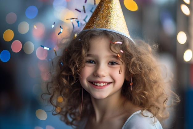 Young beautiful girl smiling in party hat and holding a confetti with Generative AI