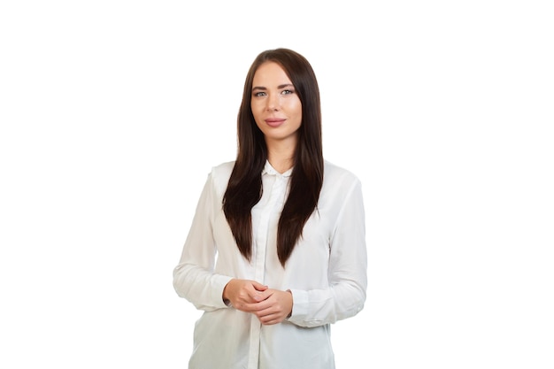 Young beautiful girl in a white shirt on a white background