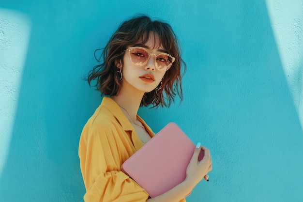 Young beautiful hipster woman posing against blue wall holding pink trendy clutch in hand