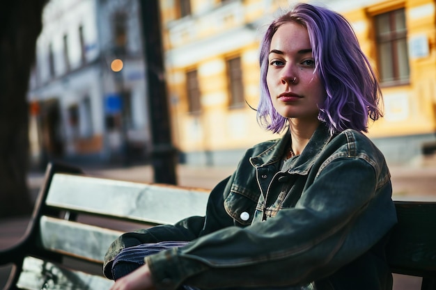 Young beautiful hipster woman with purple hair posing in the city streets