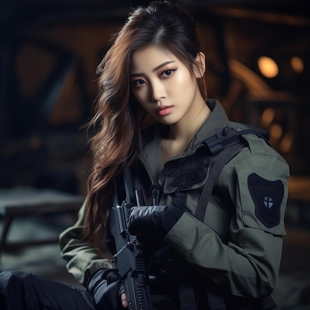 Young Beautiful Military Women Pretty Attractive Look Wearing a Military Uniform Generative Ai