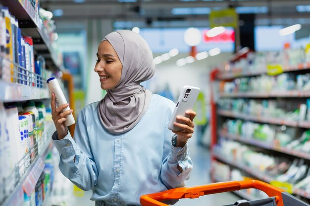 A young beautiful Muslim woman in a hijab chooses a product for washing hair a shampoo a conditioner a woman holds a phone in her hands and reads customer reviews online in a supermarket