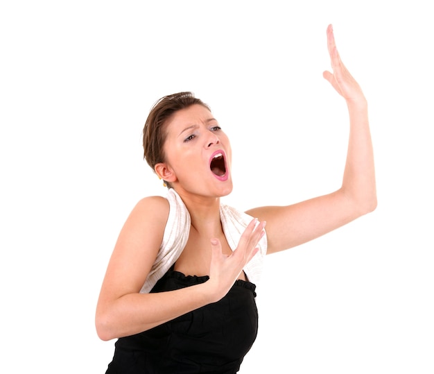 a young beautiful opera singer performing over white background