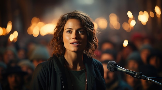 A young beautiful politician woman speaks at a rally for election work