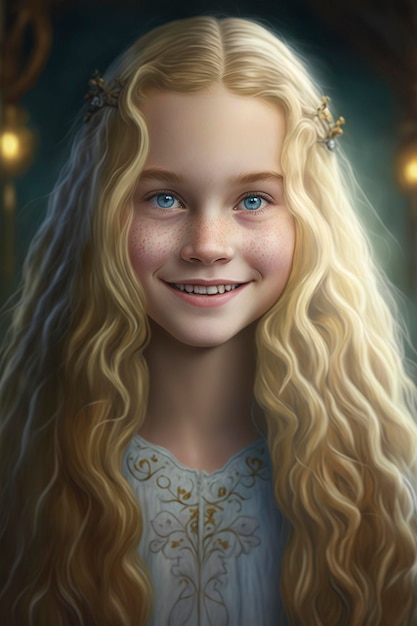 A young and beautiful princess with blonde hair and blue eyes. She had a slender figure and haughty