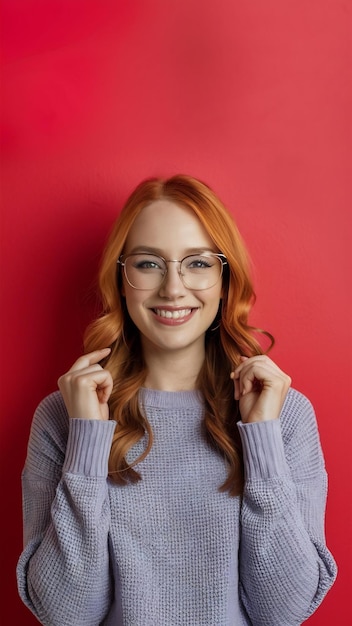 Photo young beautiful redhead woman wearing casual sweater and glasses over red background with a happy a