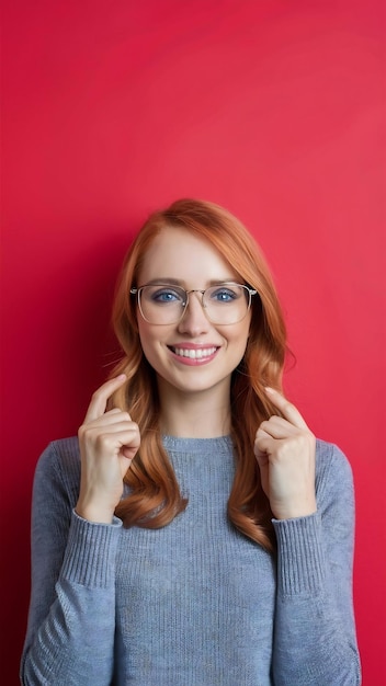 Young beautiful redhead woman wearing casual sweater and glasses over red background with a happy a