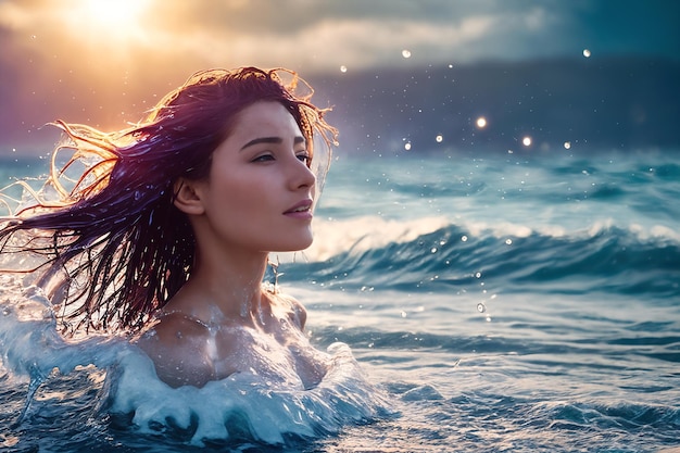 A young beautiful smiling girl with brown hair is standing on the beach among the sea waves up to her chest in the water The wind blows the hairstyle Generative AI