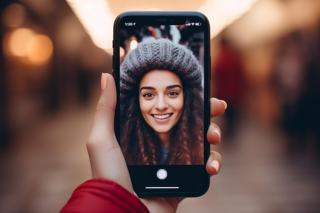 Young beautiful smiling happy girl taking selfie Generative AI