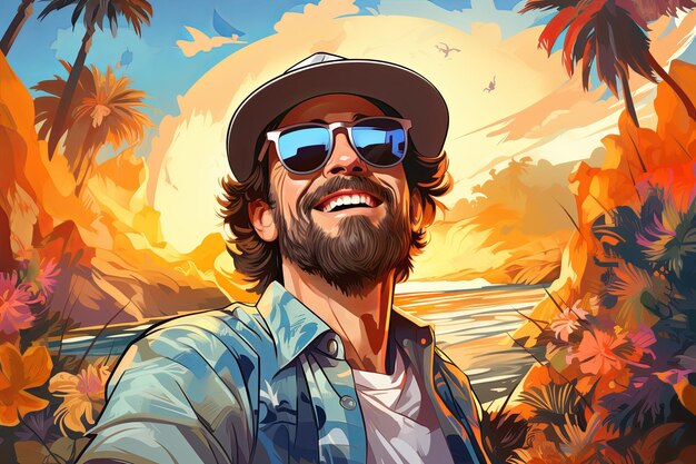 Young beautiful smiling man in trendy summer clothes outdoors Cheerful and happy in sunglasses and hat Generative AI