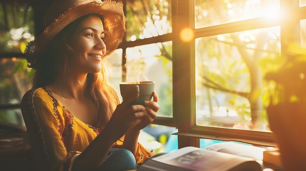 Young beautiful smiling woman drinking coffee and looking out the window in the morning