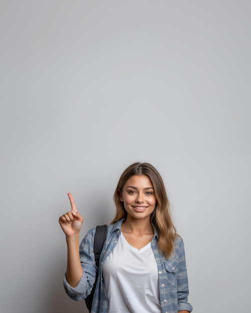 Photo young beautiful student woman pointing to empty copy space isolated on white background