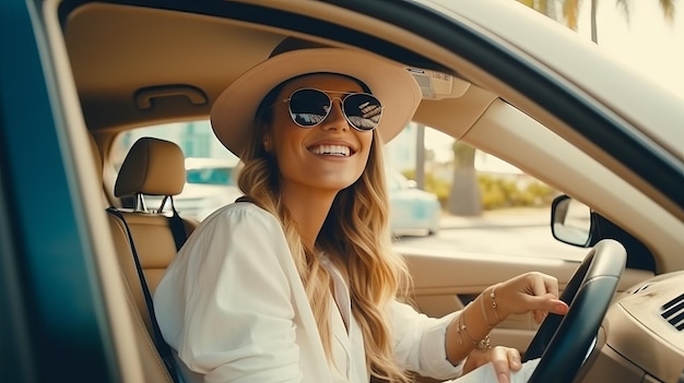 A young beautiful stylish woman wearing sunglasses and a hat at the wheel of her new car on a sunny day Car purchase and rental travel concepts