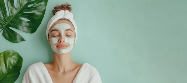 Photo young beautiful woman applying cosmetic mask on her face lying relaxed and smiling on green background surrounded by candles and tropical leaves banner with copy space