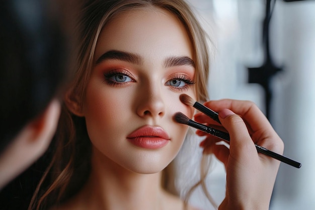 Photo young beautiful woman applying eyeshadow makeup parlo