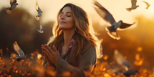 Young beautiful woman in the autumn park with flying birds at sunset