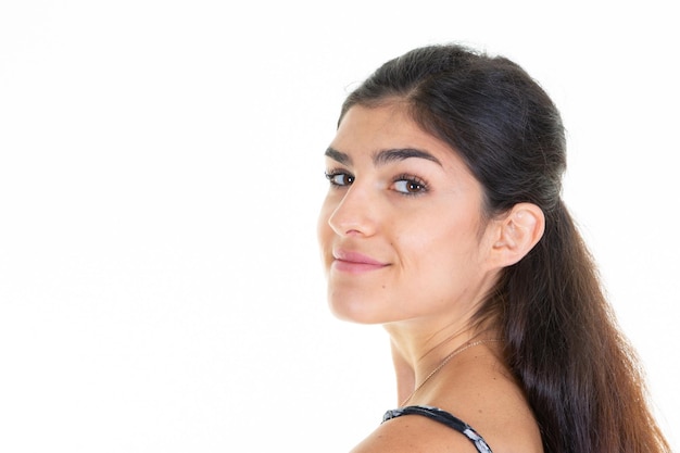 Young beautiful woman beauty face portrait posing camera shot on white background