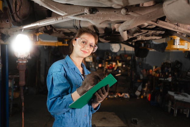 Young beautiful woman car mechanic makes an inspection of the chassis of the car