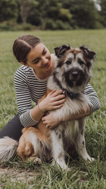 A young beautiful woman in casual clothes hugs and pets her beloved dog sitting