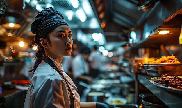 Young beautiful woman chef with wearing in white suit at kitchen