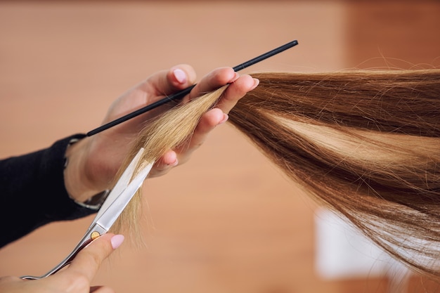 Young beautiful woman client makes a haircut from a professional hairdresser in a beauty salon close-up