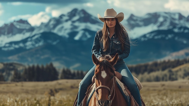 Young beautiful woman in a cowboy hat sits on a horse against the background of snowcapped mountain