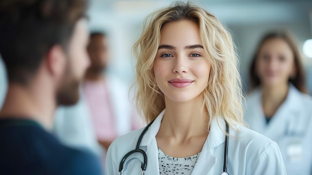 Photo a young beautiful woman doctor with a stethoscope in the hospital surrounded by her colleagues