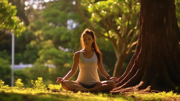 Young beautiful woman doing yoga exercises in park